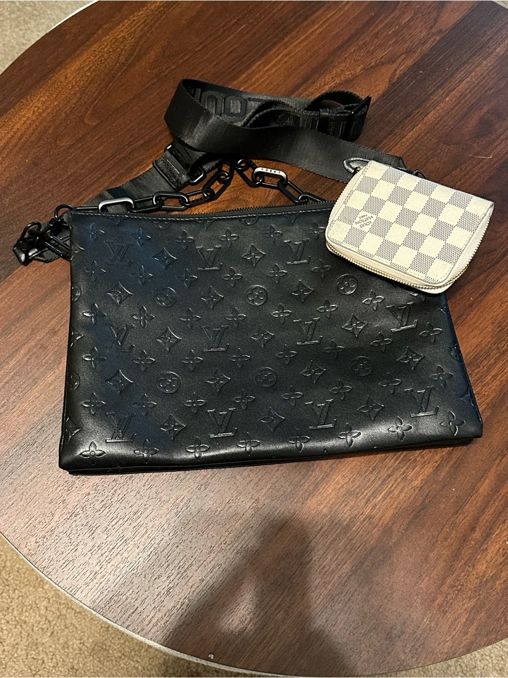 Black Embossed Monogram Messenger Pouch with Strap